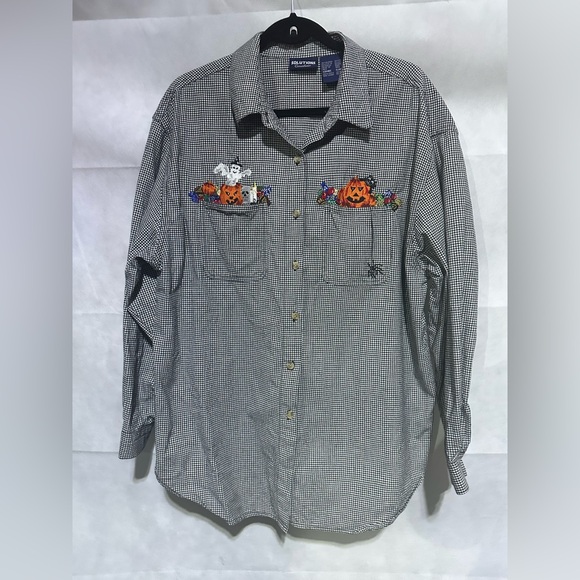 VTG Solutions Casualwear Embroidered Halloween Pumpkin Ghost Cat Shirt Womens XL - Picture 1 of 6